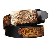 PACDE Western Cowboy Eagle Embossed Strap Men Leather Belt Eagle Moutain Automatic Buckle Leather Men Belt(Black gold,for38-39" waist size)