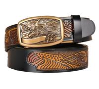 PACDE Western Cowboy Men Leather Belt Eagle Embossed Strap Eagle Automatic Buckle Stars and Feather Leather Men Belt(Black gold,for42-43" waist size)