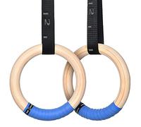 PACEARTH Gymnastics Rings Wooden Olympic Rings Support 1500lbs Locked Carabiners 9ft Double-Layer Numbered Straps Non-Slip Gym Rings with Foot Straps Door Anchor for Home Gym Full Body Workout