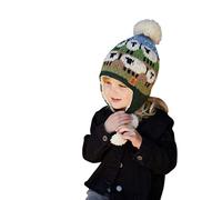 Pachamama Children Wool Bobble Hat Ear Flaps Sherpa Fleece Lined Handknitted Sheep Multicoloured One-Size Age 3-8 Extra Warm Fair Trade