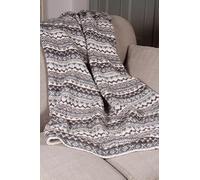 Pachamama Hand Knitted Bed Sofa Throw Fleece Lined 150 x 120 CM Fairisle Pattern Cream Brown Handmade Extra Warm Blanket Fair Trade