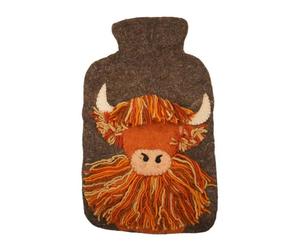Pachamama Handfelted 100% Wool Hot Water Bottle Cover and 2 Litre Hot Water Bottle - Hairy Highland Cow Pattern Handmade Fair Trade Multicoloured Thermal