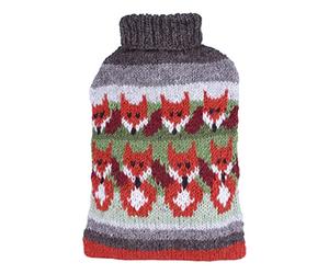 Pachamama Handknitted 100% Wool Hot Water Bottle Cover and 2 Litre Hot Water Bottle - Fox Pattern Handmade Fair Trade Multicoloured Thermal