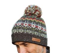 Pachamama Men Wool Beanie Bobble Hat Fleece Lined Handknitted Grey Earth Brown Fairisle One-Size Handmade Extra Warm Fair Trade