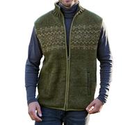 Pachamama Men Wool Bodywarmer Gilet Jersey Cotton Lined Handknitted Fair Isle Handmade Thick Warm Sleeveless Zipped Cardigan Sweater Pockets Fair Trade (UK, Alpha, L, Regular, Regular, Moss)