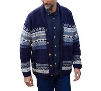 Pachamama Men Wool Cardigan Buttoned Casual Roll-Over Neck Handknit Classic Fair Isle Stripe Handmade Multicoloured Warm Jacket Pockets Fair Trade (UK, Alpha, L, Regular, Regular, Navy)