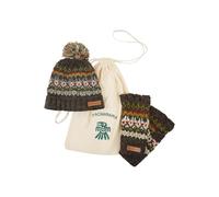 Pachamama Men Wool Matching Beanie Bobble Hat Fleece Lined and Wool Fingerless Gloves 2pk Gift Bag Set Handknitted Earth Colours Fair Isle Design One-Size Handmade Extra Warm Fair Trade
