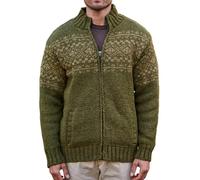 Pachamama Men Wool Zipped Jacket Jersey Cotton Lined Handknitted Fair Isle Pattern Handmade Thick Warm Pockets Long Sleeve Coat Fair Trade (UK, Alpha, XXL, Regular, Regular, Moss)