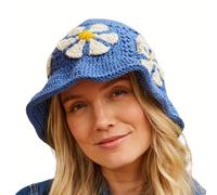 Pachamama Women 100% Cotton Bucket Sun Hat Hand Crocheted Roll Brim Daisy Flower One Size Foldable Travel Holiday Beach Garden Handmade Fair Trade (Cotton, Denim)