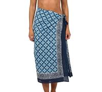 Pachamama Women 100% Cotton Sarong Hand Printed Tiles Pattern Cool Summer Beach Cover Up Pareo Wrap Around Skirt 180 x 110 CM (Blue)