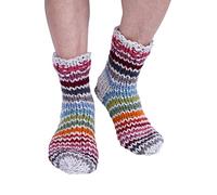 Pachamama Women 100% Wool Bed Sofa Socks Chunky Hand Knit Striped Oatmeal Multicoloured Medium 4-7 Handmade Extra Warm