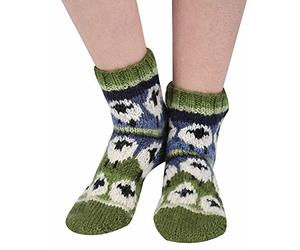 Pachamama Women 100% Wool Bed Sofa Socks Handknitted Cute Sheep Design Multicoloured Medium 4-7 Handmade Extra Warm Fair Trade