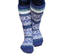 Pachamama Women 100% Wool Long Socks Handknitted Fair Isle Pattern Multicoloured Medium 4-7 Handmade Extra Warm (Wool, Denim)