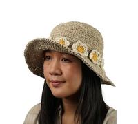 Pachamama Women Hemp Cotton Sun Hat Crocheted Wide Brim Daisy Chain One Size Foldable Travel Holiday Beach Garden Floppy Handmade Fair Trade (Cotton, Natural)