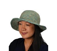 Pachamama Women Hemp Cotton Sun Hat Crocheted Wide Brim Plain One Size Foldable Travel Holiday Beach Garden Floppy Handmade Fair Trade (Aqua)