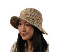 Pachamama Women Hemp Cotton Sun Hat Crocheted Wide Brim Stripe Multicoloured One Size Foldable Travel Holiday Beach Garden Floppy Handmade Fair Trade