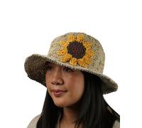 Pachamama Women Hemp Cotton Sun Hat Crocheted Wide Brim Sunflower One Size Foldable Travel Holiday Beach Garden Floppy Handmade Fair Trade Natural