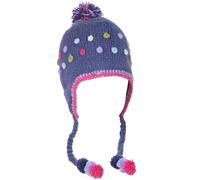 Pachamama Women Wool Beanie Bobble Hat Ear Flaps Fleece Lined Handknitted Textured Dots Denim Multicoloured One-Size Handmade Extra Warm Fair Trade