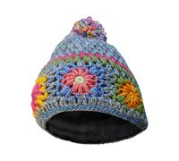 Pachamama Women Wool Beanie Bobble Hat Fleece Lined Hand Crocheted Flower Pattern Multicoloured One-Size Handmade Extra Warm Fair Trade (Wool, Grey, Multicoloured)