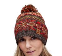 Pachamama Women Wool Beanie Bobble Hat Fleece Lined Handknitted Brown Fairisle Multicoloured One-Size Handmade Extra Warm Fair Trade