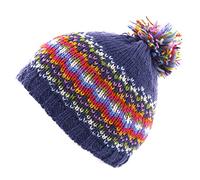 Pachamama Women Wool Beanie Bobble Hat Fleece Lined Handknitted Fairisle Diamond Denim Multicoloured One-Size Handmade Extra Warm Fair Trade