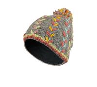 Pachamama Women Wool Beanie Bobble Hat Fleece Lined Handknitted Flower Embroidered Grey One-Size Handmade Extra Warm Fair Trade