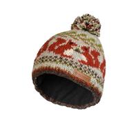Pachamama Women Wool Beanie Bobble Hat Fleece Lined Handknitted Stripe Red Squirrel Pattern One-Size Handmade Extra Warm Fair Trade