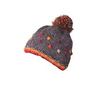 Pachamama Women Wool Beanie Bobble Hat Fleece Lined Handknitted Textured Dots Multicoloured One-Size Handmade Extra Warm Fair Trade (Bark)