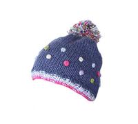 Pachamama Women Wool Beanie Bobble Hat Fleece Lined Handknitted Textured Dots Multicoloured One-Size Handmade Extra Warm Fair Trade (Denim)