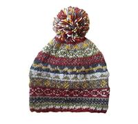 Pachamama Women Wool Beanie Bobble Hat Fleece Lined Handknitted Traditional Fairisle Rust Multicoloured One-Size Handmade Extra Warm Fair Trade