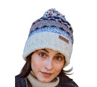 Pachamama Women Wool Beanie Bobble Hat Fleece Lined Roll Back Handknitted Traditional Fairisle Multicoloured One-Size Handmade Extra Warm Fair Trade (Wool, Oatmeal)