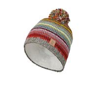 Pachamama Women Wool Beanie Bobble Hat Sherpa Fleece Lined Handknitted Stripe Red Multicoloured One-Size Handmade Extra Warm Fair Trade