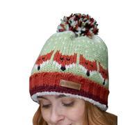 Pachamama Women Wool Beanie Bobble Hat Sherpa Fleece Lined Roll Back Handknitted Cute Fox Design Brown Green One-Size Handmade Extra Warm Fair Trade