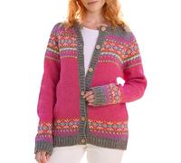 Pachamama Women Wool Cardigan Fine Handknit Modern Fair Isle Colourful Handmade Warm Buttoned Fair Trade (UK, Alpha, M, Regular, Regular, Pink)