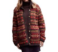 Pachamama Women Wool Cardigan Handknitted Fairisle Brown Multicoloured Handmade Thick Warm Pockets Buttoned Fair Trade (UK, Alpha, M, Regular, Regular, Brown)