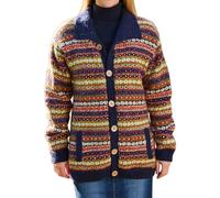Pachamama Women Wool Cardigan Handknitted Flecked Stripe Blue Multicoloured Handmade Thick Warm Pockets Buttoned Fair Trade (UK, Alpha, M, Regular, Regular, Blue)