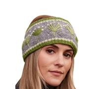Pachamama Women Wool Ear Warmer Headband Fleece Lined Handknitted Flower Embroidered Green One-Size Handmade Fair Trade