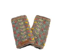 Pachamama Women Wool Hand Wrist Warmers Fleece Lined Handknitted Flower Embroidered Grey One-Size Handmade Extra Warm Fair Trade