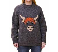 Pachamama Women Wool Jumper Handknitted Highland Cow Design Brown Handmade Thick Warm Pullover Sweater Fair Trade (UK, Alpha, M, Regular, Regular, Brown)