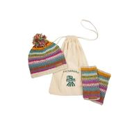 Pachamama Women Wool Matching Beanie Bobble Hat and Hand/Wrist Warmer 2pk Gift Bag Set Fleece Lined Handknitted Dots Stripes Multicoloured One-Size Handmade Extra Warm Fair Trade