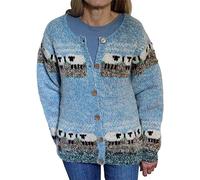 Pachamama Women Wool/Mohair Buttoned Cardigan Handknitted Sheep Design Blue Multicoloured Handmade Extra Warm Fair Trade (as8, Alpha, s, Regular, Regular)