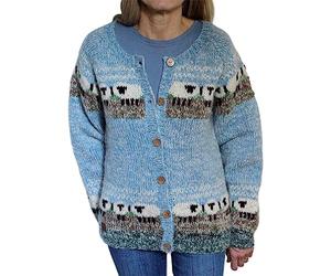 Pachamama Women Wool/Mohair Buttoned Cardigan Handknitted Sheep Design Blue Multicoloured Handmade Extra Warm Fair Trade (as8, Alpha, m, Regular, Regular)