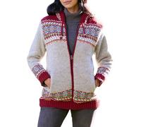 Pachamama Women Wool Zipped Hoody Fleece Lined Handknitted Traditional Fair Isle Colourful Handmade Thick Thermal Extra Warm Pockets Hoodie Jacket Fair Trade (UK, Alpha, L, Regular, Regular, Burgundy)