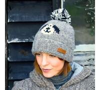 Pachamama Women's Smiley Dog Design Chunky Knit All Wool Bobble Beanie Hat in Grey Pachamama Grey One Size