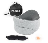 Pacico Travel Pillow, Neck Pillow, 100% Pure Memory Foam Sleeping Pillow for Car, Train and Airplane, Travel Kit with 3D Contoured Eye Masks and Earplugs, Grey