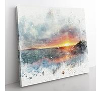 Pacific Coast Sunset in Abstract Modern Canvas Wall Art Print Ready to Hang, Framed Picture for Living Room Bedroom Home Office Décor, 50x50 cm (20x20 Inch)
