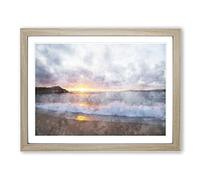 Pacific Coast Sunset Painting Modern Art Framed Print | A4 Oak Framed Wall Art | Ready to Hang | Modern Beach Picture | Living Room Bedroom Lounge Office