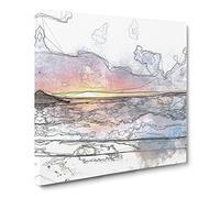 Pacific Coast Sunset Sketch Modern Canvas Wall Art Print Ready to Hang, Framed Picture for Living Room Bedroom Home Office Décor, 14x14 Inch (35x35 cm)