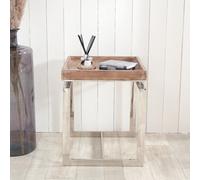 Pacific Lifestyle Antique Mango Wood Square Side Table With Silver Steel Frame And Lipped Top 46Cm, Evelyn