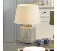 Pacific Lifestyle Blue Porcelain Table Lamp for Living Room with White Shade | Modern Coastal Bedside Table Lamps for Bedrooms with Blue Geometric Pattern